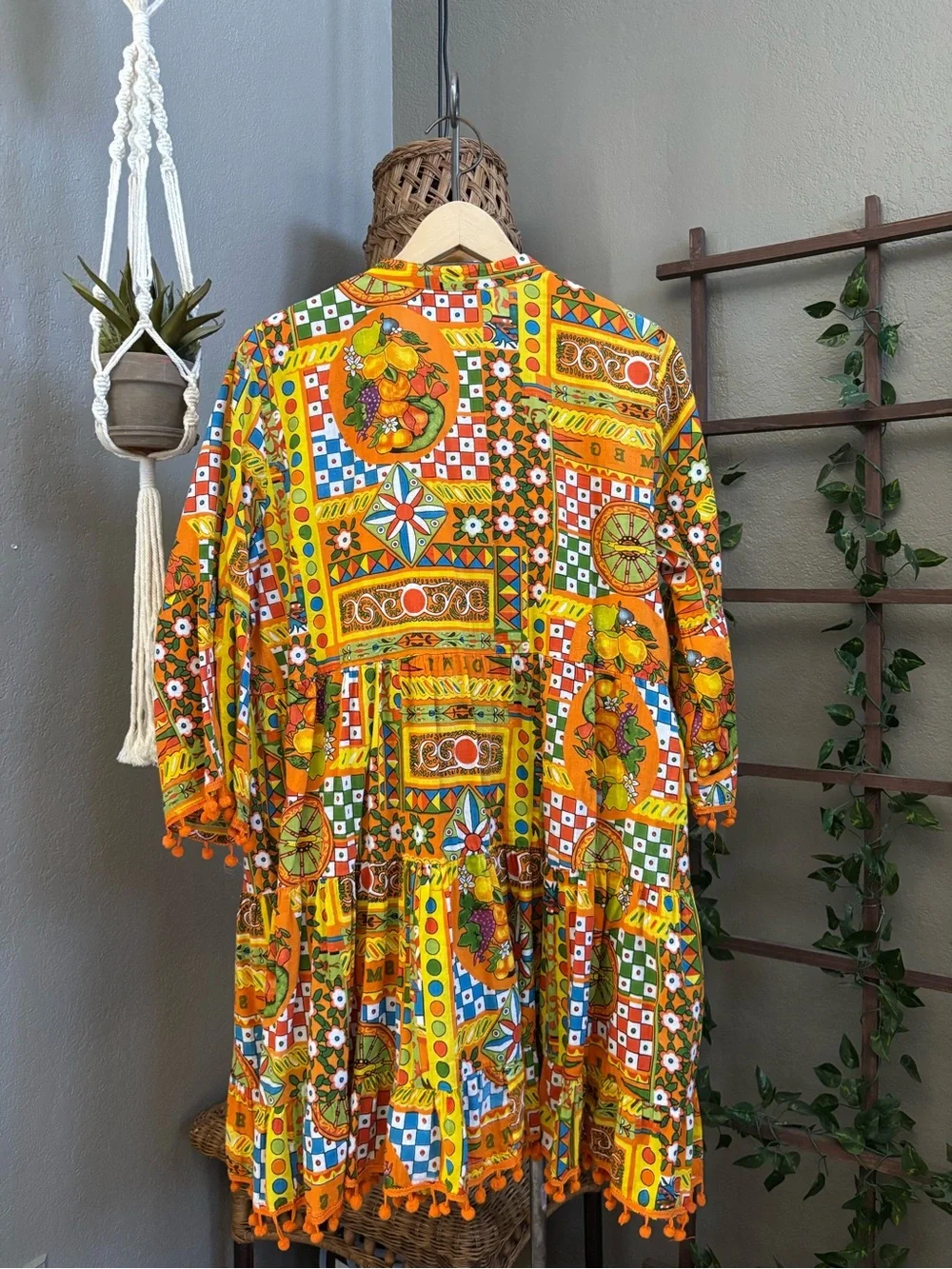 Colori Di Mare Majolica Print Embellished Mini Dress Boho Tassel Hem Tunic - Picture 10 of 13